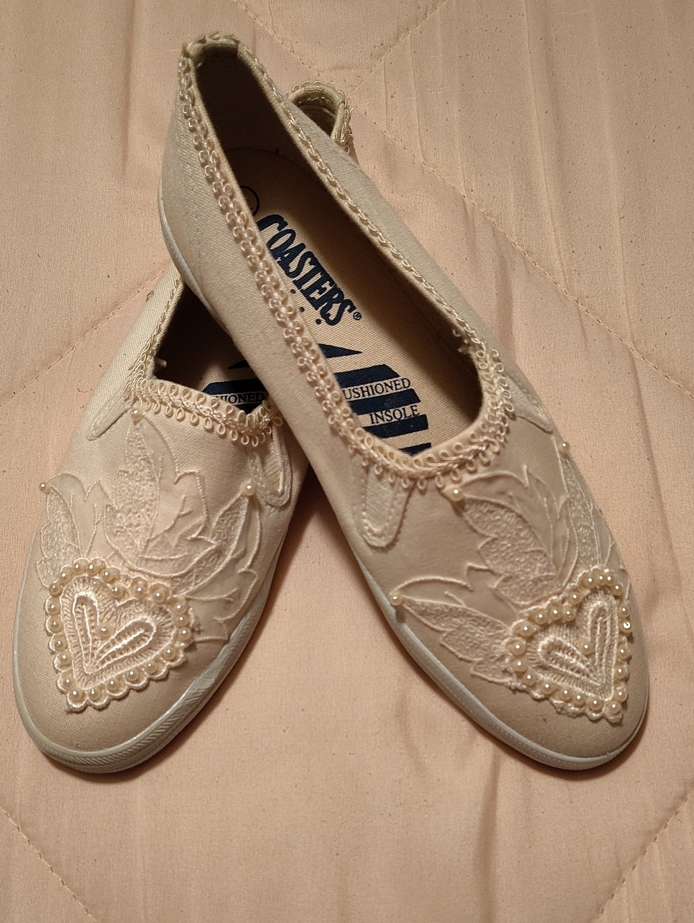 Coasters Cream Embroidered Slip-On Loafers with Pearl Accents
